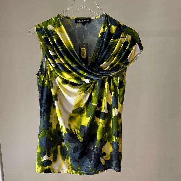 Jones New York Vibrant Lime Green and Dk Blue Blouse. Size medium - Picture 1 of 4